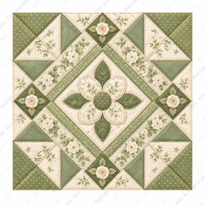 May include: A square quilt block featuring a central flower motif with cream petals and green leaves. The design includes alternating triangles of solid green, green with white polka dots, and cream fabric with floral patterns and stitched borders.