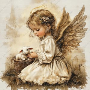 May include: A digital illustration of a young angel with light brown hair and large feathered wings, wearing a cream-colored dress. The angel is kneeling and gently touching a small white lamb that is sitting inside a woven brown wicker basket.