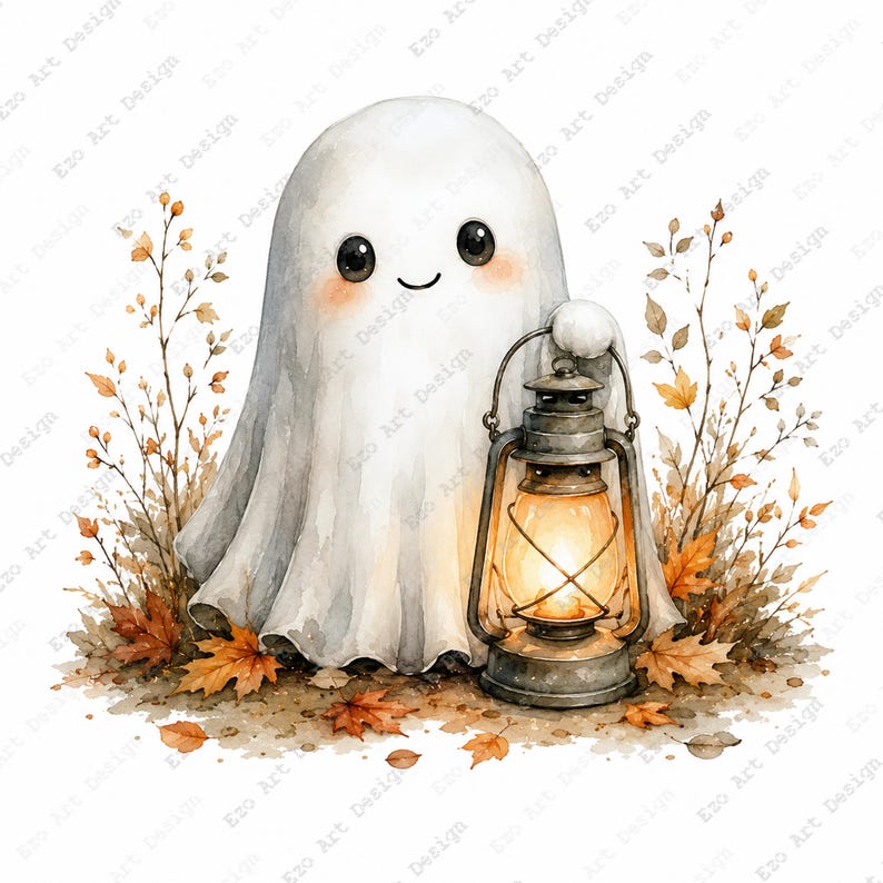 Puede incluir: Una ilustraci&oacute;n en acuarela de un peque&ntilde;o fantasma blanco con grandes ojos negros y mejillas sonrosadas, sosteniendo una linterna de metal encendida. El fantasma est&aacute; rodeado de hojas de oto&ntilde;o marrones y naranjas sobre fondo blanco.