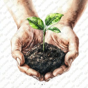 Könnte beinhalten: Aquarellmalerei von Händen, die einen dunklen Erdballen umfassen und eine junge Pflanze mit leuchtend grünen Blättern stützen. Das Kunstwerk, mit Fokus auf Natur und Wachstum, ist vor weißem Hintergrund. Das Bild ist eine Nahaufnahme.