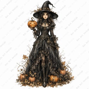 May include: A figure dressed in a black lace gown and a pointed hat, holding a glowing orange jack-o'-lantern. The attire features intricate corset detailing and layered ruffles. Several pumpkins and dried autumn leaves surround the base.