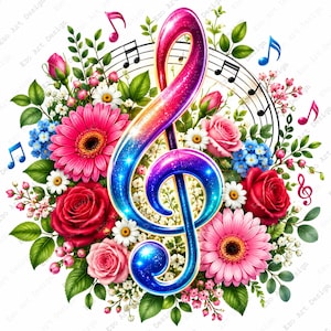 Pode incluir: Uma vibrante clave de sol multicolorida com um gradiente brilhante de rosa para azul, rodeada por um arranjo exuberante de rosas vermelhas e cor-de-rosa, gérberas cor-de-rosa, flores de camomila brancas, miosótis azuis e notas musicais.
