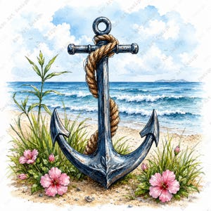 May include: A watercolor illustration of a dark metal anchor wrapped in thick tan rope, positioned on a sandy beach with green grass and pink hibiscus flowers. The background features a blue ocean with white waves and a cloudy sky.