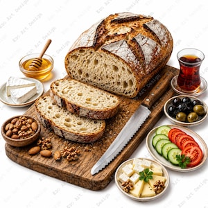 Op de afbeelding: Een rustiek brood, gedeeltelijk gesneden, op een houten snijplank. Geserveerd met kaas, olijven, plakjes komkommer en tomaat, noten, honing en een kopje thee. Een broodmes is ook aanwezig.