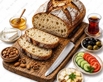 Imágenes prediseñadas de pan, tabla de cortar de masa madre recién horneada, cocina rústica (descarga digital)