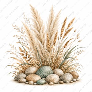 May include: A decorative arrangement of dried pampas grass, wheat stalks, and thin grasses emerging from a cluster of smooth, rounded river stones in shades of beige, tan, and muted green. The botanical elements are light brown and cream coloured.