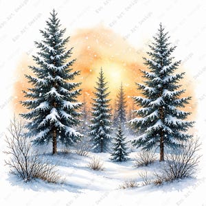 Vinter tallskog Clipart, akvarell snöig skogsmarkkonst, jul naturtryck (digital nedladdning)