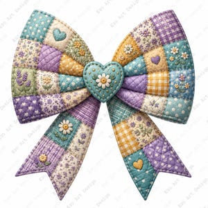 Patchwork Bow Clipart, Quilted Ribbon Printable, Coquette Heart Decor (Digital Download)