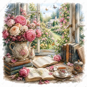 Vintage Book Clipart, Watercolor Window Scene Printable, Cozy Reading Art (Digital Download)