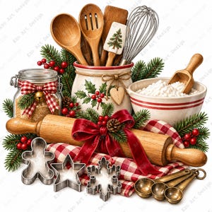 Op de afbeelding: Een verzameling feestelijke bakbenodigdheden, waaronder een houten deegroller met een rode strik, metalen koekjesvormpjes in de vorm van een peperkoekmannetje, ster en sneeuwvlok, een glazen pot met bruine suiker, een keramische pot en een kom.