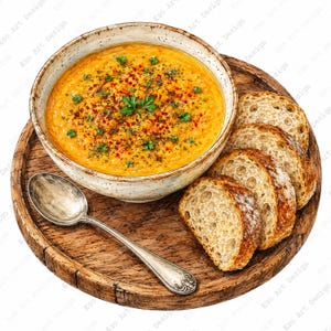 May include: A ceramic bowl filled with orange lentil soup, garnished with green parsley and red spices, sits on a round wooden board alongside four slices of crusty bread and a silver spoon with an ornate handle design on the bowl's end.