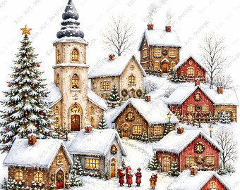 Weihnachtsdorf Clipart, Aquarell Schnee Stadt, Winter Cottage druckbare Kunst (digitaler Download)