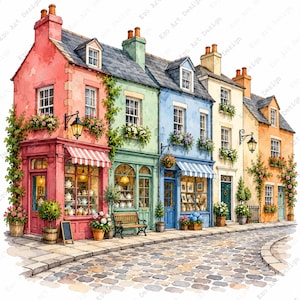 Op de afbeelding: Een aquarelillustratie van een rij kleurrijke winkelpuien langs een kasseienstraat. De gebouwen zijn geschilderd in tinten roze, groen, blauw, crème en oranje, met grote etalages, gestreepte luifels en bloembakken.