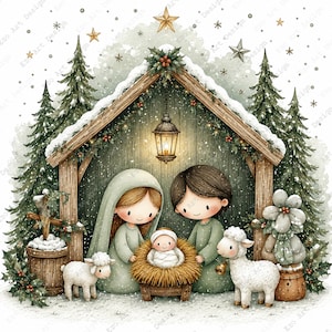 Op de afbeelding: Waterverfillustratie van een kerststal. De afbeelding toont Maria, Jozef en het kindje Jezus in een kribbe, omringd door twee schapen. De scène speelt zich af in een houten stal met een lantaarn, kerstbomen en sneeuw.