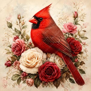 May include: A vibrant red cardinal bird perched amidst a bouquet of roses. The bird has a prominent crest and black facial markings. The roses are in shades of red, pink, and cream, with green foliage. The artwork has a soft, painterly style.