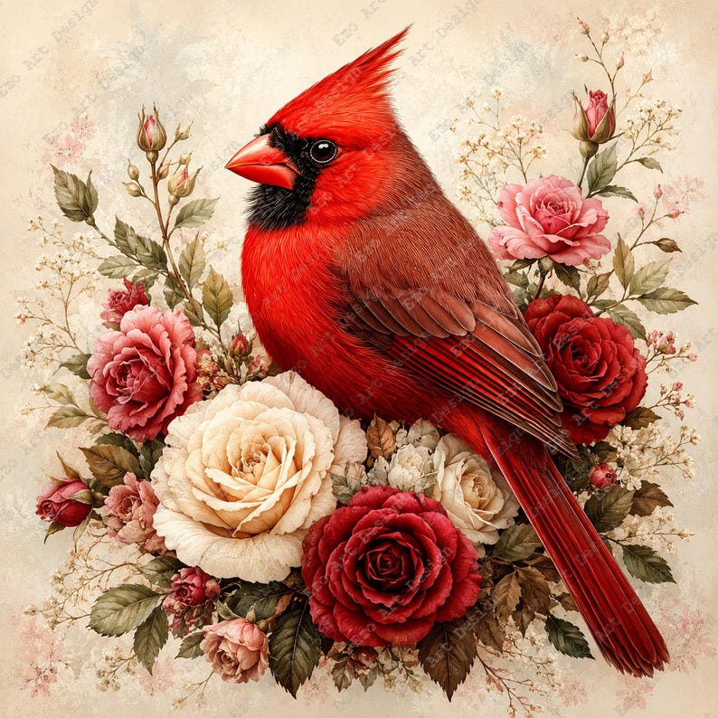 Cardinal Bird Clipart, Red Rose Floral Nature Design, Vintage Botanical ...