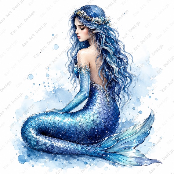 水彩画風人魚クリップアート、ファンタジー海の女性のデザイン、神話の