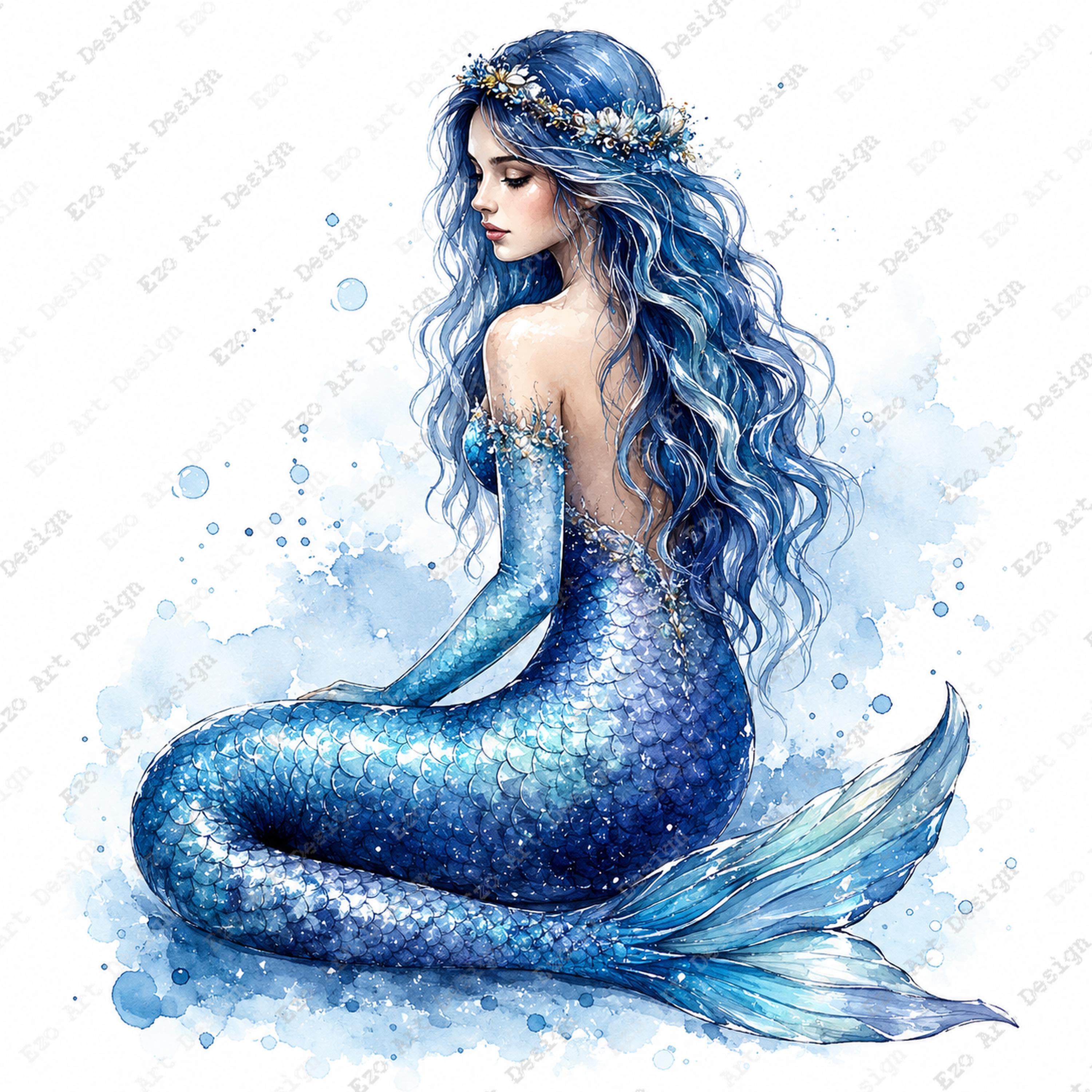 水彩画風人魚クリップアート、ファンタジー海の女性のデザイン、神話の