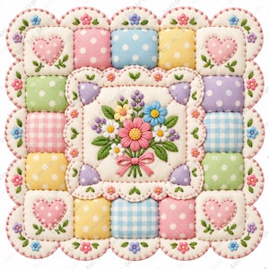 Puede incluir: Una pieza de tela acolchada cuadrada con un panel central que presenta un ramo de flores bordado. El borde consta de cuadrados alternos en tonos pastel rosa, azul, amarillo y verde, decorados con lunares, cuadros vichy y motivos de corazones.