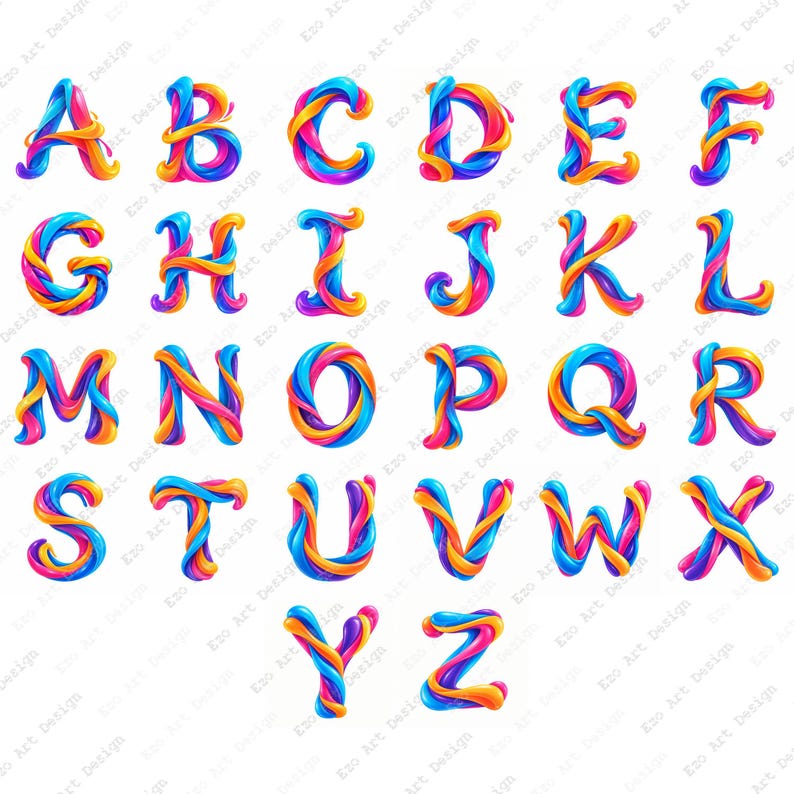 Swirl Pattern Letters Ribbon Alphabet Clipart, Colorful 3D Swirl Monogram Letters Gradient ...
