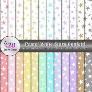 Carta digitale con stelle bianche pastello e coriandoli, 24 fogli, carta per scrapbooking, texture senza soluzione di continuità, carta stampabile, uso commerciale, download immediato