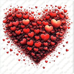 Puede incluir: Ilustración digital de un gran corazón compuesto por numerosos corazones rojos más pequeños. Los corazones varían en tamaño y tono, creando un efecto texturizado y tridimensional. El fondo es blanco, con las palabras "Ezo Art Design" repetidas.
