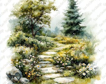 Watercolor Garden Path Clipart, Serene Landscape Art, Botanical View (Digital Download)