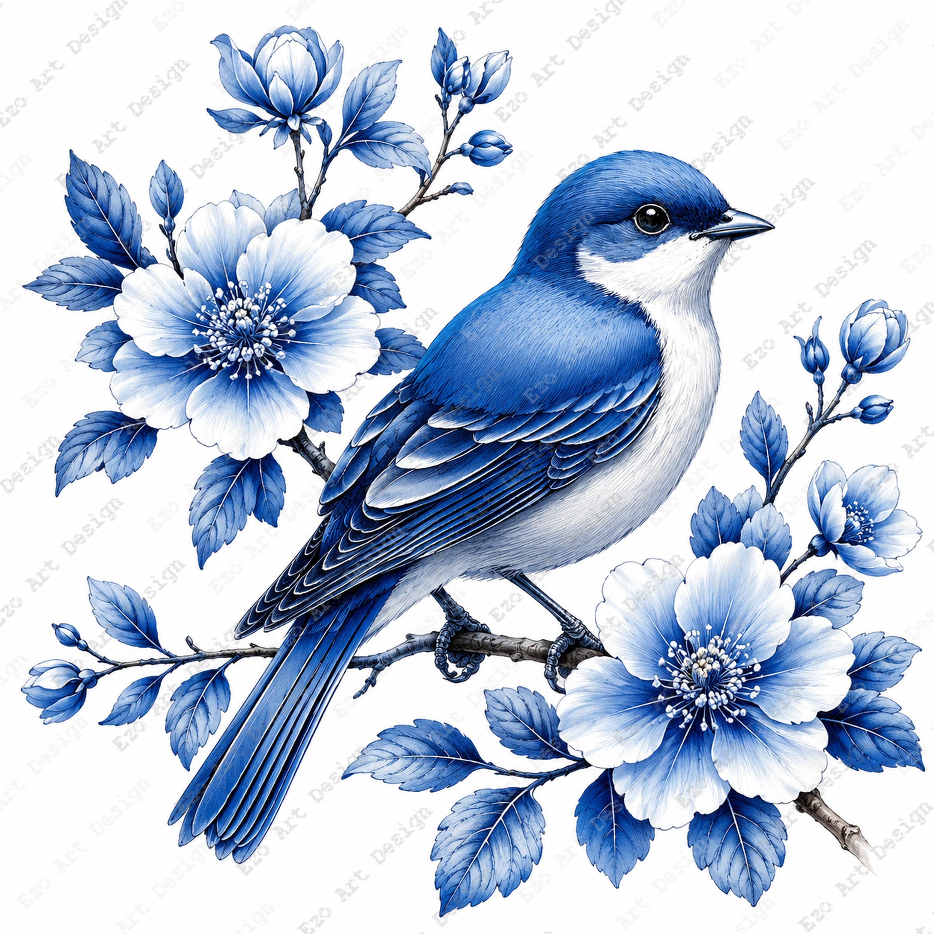 blue＊bird様 orderページ☽⋰ Blue Bird Delft Clipart, Floral Branch Design, Chinoiserie Nature