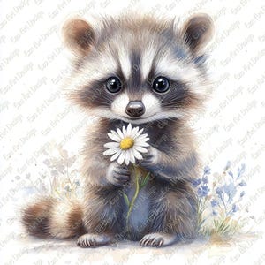Puede incluir: Ilustración en acuarela de un lindo mapache sosteniendo una margarita blanca con centro amarillo. El mapache tiene pelaje gris y marrón, una cola rayada y grandes ojos negros. El fondo presenta plantas de acuarela azules y verdes suaves.