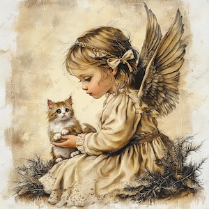 May include: A digital illustration of a young angel with light brown hair, wearing a headband with a bow, and large feathered wings. The angel wears a long-sleeved cream dress and holds a small, fluffy brown and white kitten in their hands.