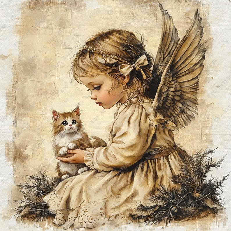 May include: A digital illustration of a young angel with light brown hair, wearing a headband with a bow, and large feathered wings. The angel wears a long-sleeved cream dress and holds a small, fluffy brown and white kitten in their hands.