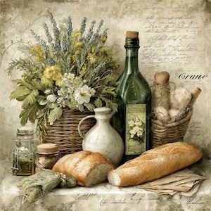 Peut inclure: Une composition de nature morte comprenant un panier en osier rempli de lavande et de fleurs jaunes, une bouteille en verre vert avec une étiquette florale, un pichet en céramique blanche, un petit bocal en verre, un pain et un panier d'ail.