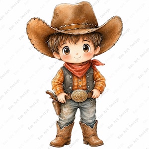 Pode incluir: Uma ilustração em aguarela de uma personagem com um chapéu de cowboy castanho, uma camisa de xadrez laranja, um colete cinzento escuro, um lenço vermelho, calças de ganga azuis e botas de cowboy castanhas. Um coldre castanho com pistola.