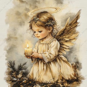 May include: A digital illustration of a young angel with feathered wings and a halo, wearing a cream-colored dress with lace trim. The angel is kneeling and holding a lit candle that emits a warm glow, surrounded by dark foliage in a muted palette.