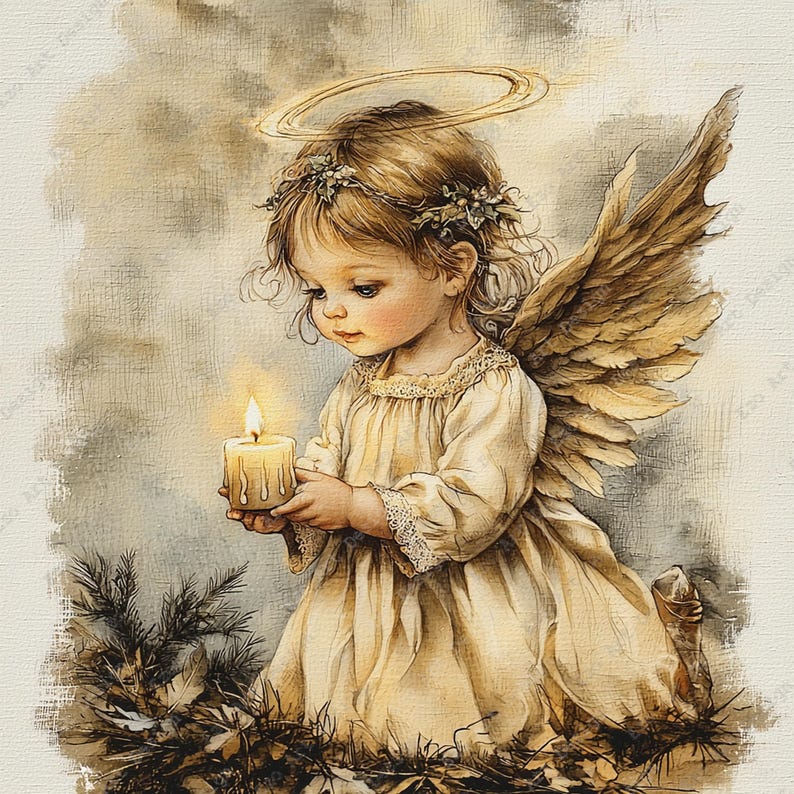 May include: A digital illustration of a young angel with feathered wings and a halo, wearing a cream-colored dress with lace trim. The angel is kneeling and holding a lit candle that emits a warm glow, surrounded by dark foliage in a muted palette.
