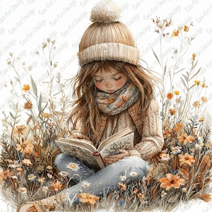 Mädchen lesen, Clipart, Geschichte Buch Kunst, Frühlingsblumen (Digitaler Download)