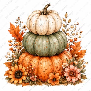 Puede incluir: Una pila de tres calabazas en color crema, verde salvia y naranja, decorada con follaje otoñal, hojas de arce naranjas, girasoles y pequeñas bayas. La ilustración presenta una paleta de colores cálidos con texturas detalladas en las calabazas.