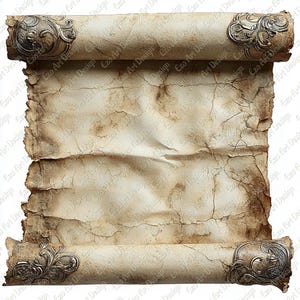 Średniowieczna sztuka pergaminu ze zwojami, stary papierowy clipart, cyfrowy wydruk z zabytkowymi efemerydami