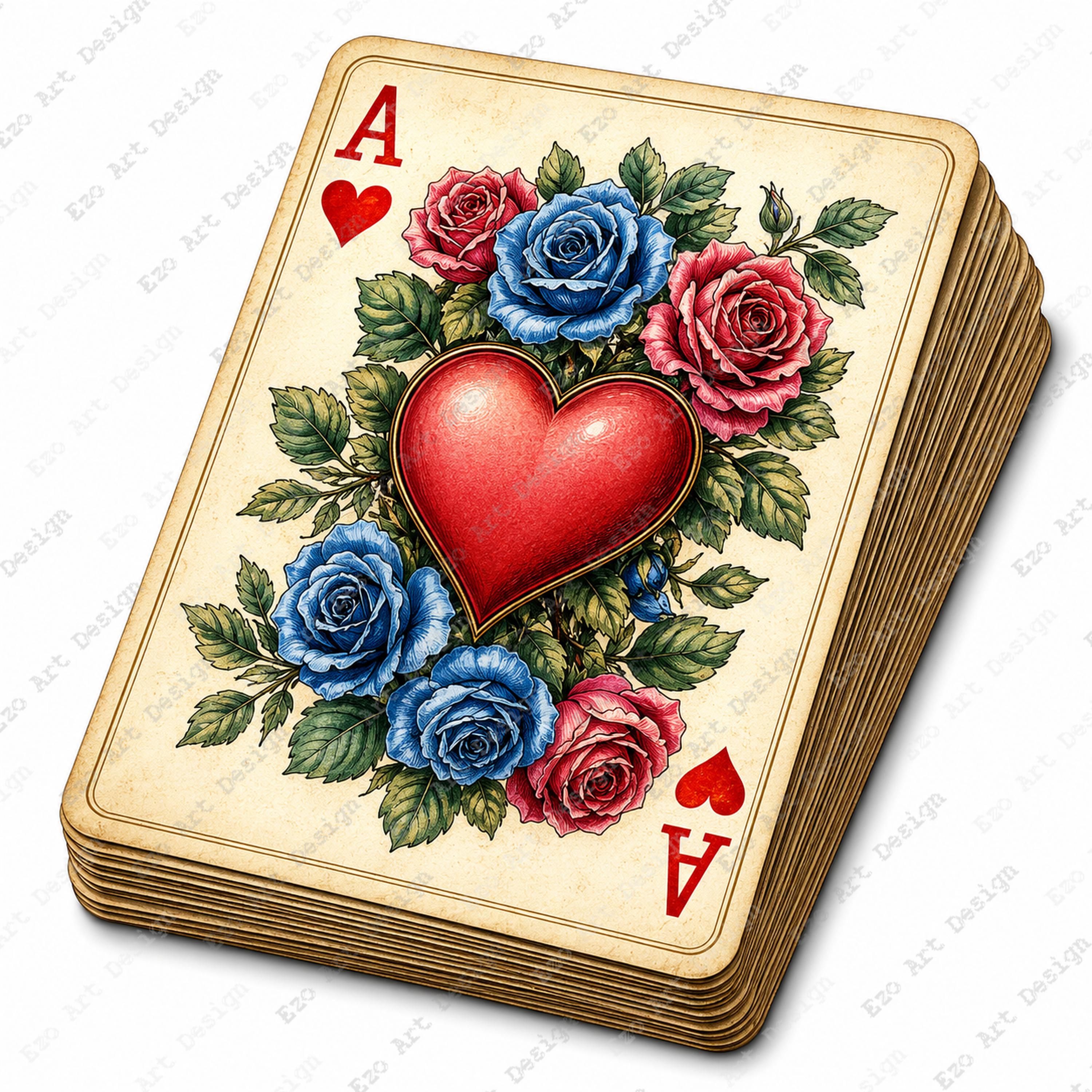Floral Playing Cards Clipart, Rose Heart Ace Design, Vintage Game