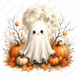 Imágenes prediseñadas de fantasmas adorables, láminas para imprimir de un campo de calabazas, arte otoñal de Halloween (descarga digital) imagen 9