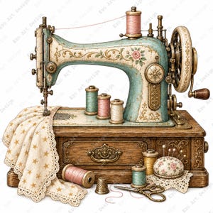 Vintage Sewing Clipart, Antique Tailor Machine, Quilting Thread Spool (Digital Download)