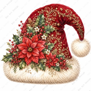 Könnte beinhalten: Eine rote Weihnachtsmannmütze aus Samt mit weißem Kunstfellbesatz und einem weißen Bommel. Die Mütze ist mit einem Arrangement aus roten Weihnachtssternern, grünen Stechpalmenblättern, roten Beeren und goldenen Rankenmustern verziert.