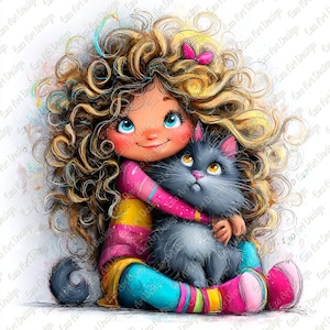 May include: A digital illustration of a young child with curly blonde hair hugging a gray cat. The child wears a pink and yellow striped shirt, blue pants, and pink socks. The cat has yellow eyes and pink ears. A pink bow adorns the child's hair.