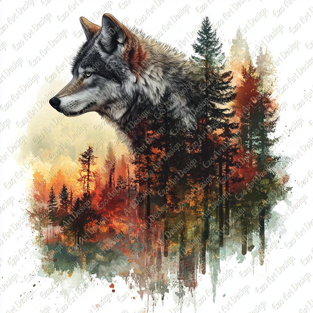 Wolf and Forest Clipart, Sunset Watercolor Art JPG for Nature Wall ...