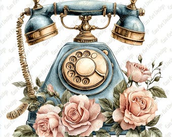 Floral Antique Telephone Clipart, Vintage Phone Art (Digital Download)