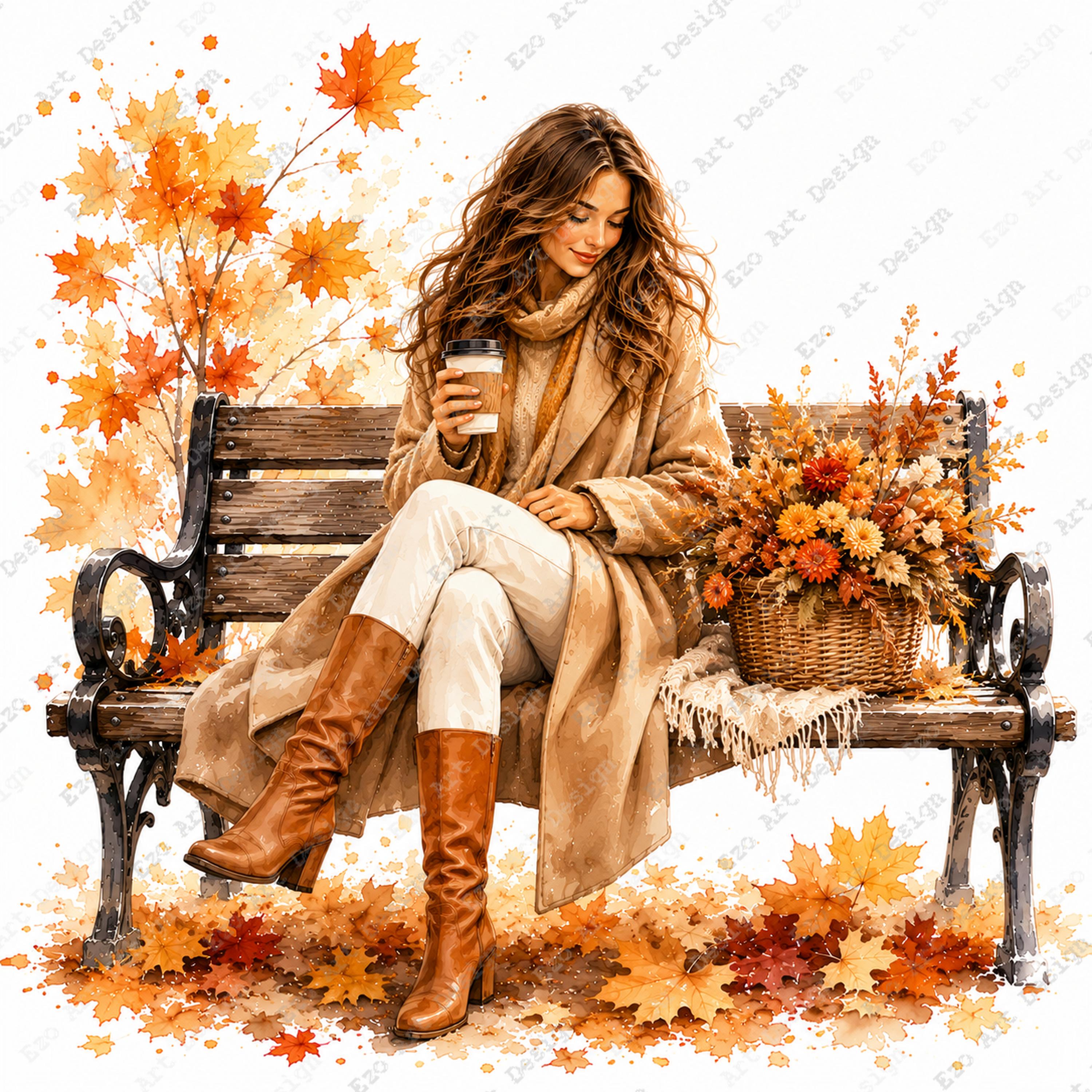 Autumn Girl Clipart, Watercolor Fall Park Bench, Cozy Season