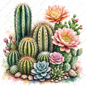 May include: Watercolor illustration of various cacti and succulents. The image features a variety of green cacti with sharp spines, complemented by pink and orange flowers, a blue-green succulent, and small rocks. The artwork has a soft, artistic style.