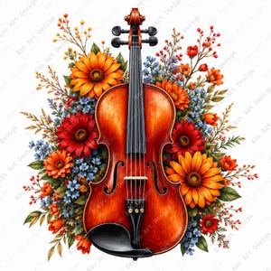 May include: A digitally painted violin with a warm, reddish-brown finish, surrounded by a vibrant arrangement of orange, red, and blue flowers. The floral elements include sunflowers and other blooms, creating a colorful and artistic composition.