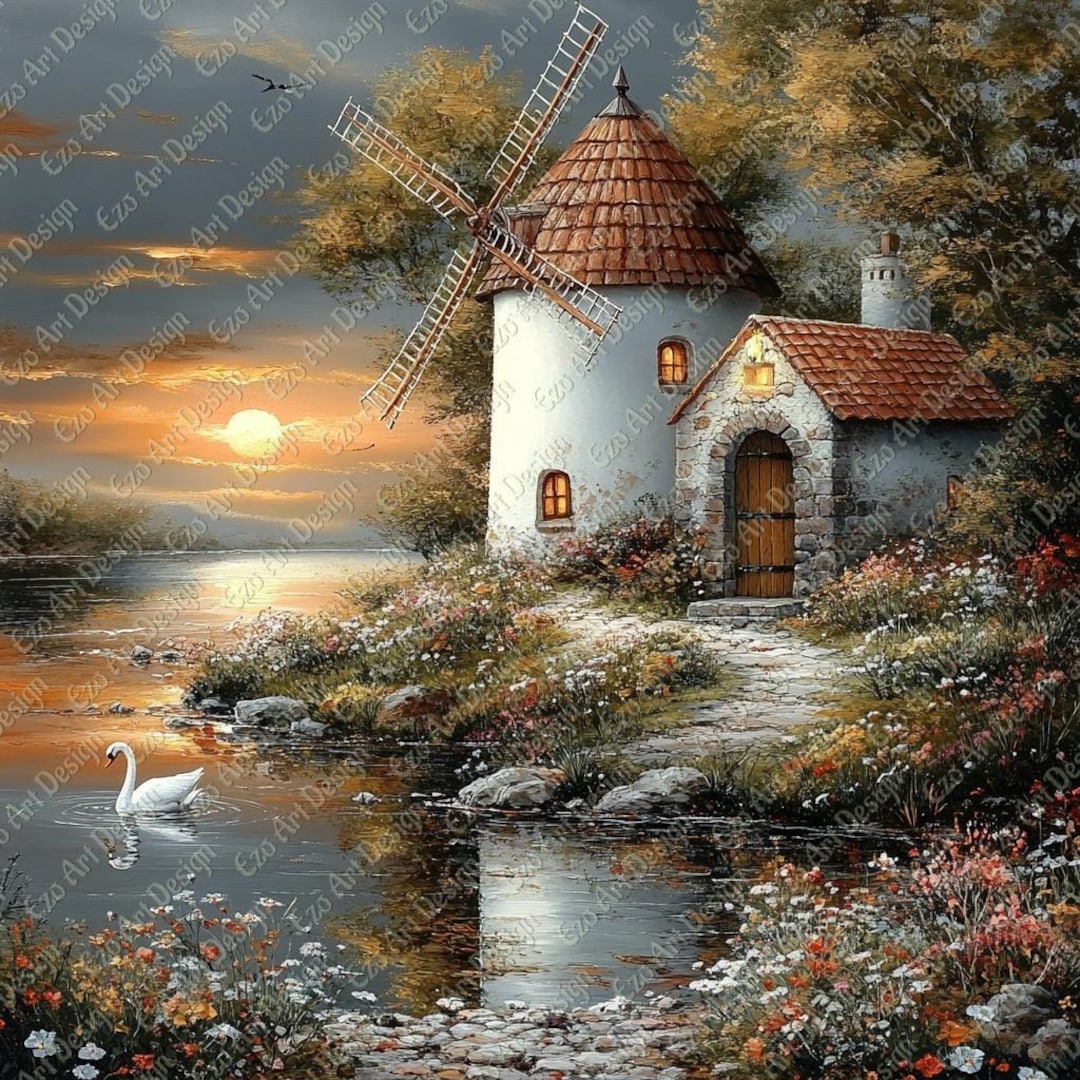 Windmill Clipart, Cottagecore Sunset Wall Art, Vintage Landscape ...