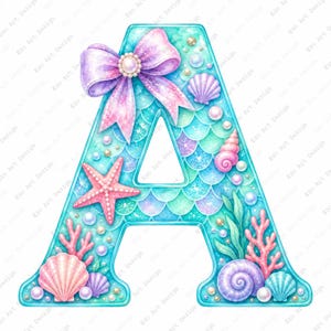 Mermaid Scale Alphabet Clipart, Seashell Letter Printable, Ocean Bow Font Art (Digital Download)